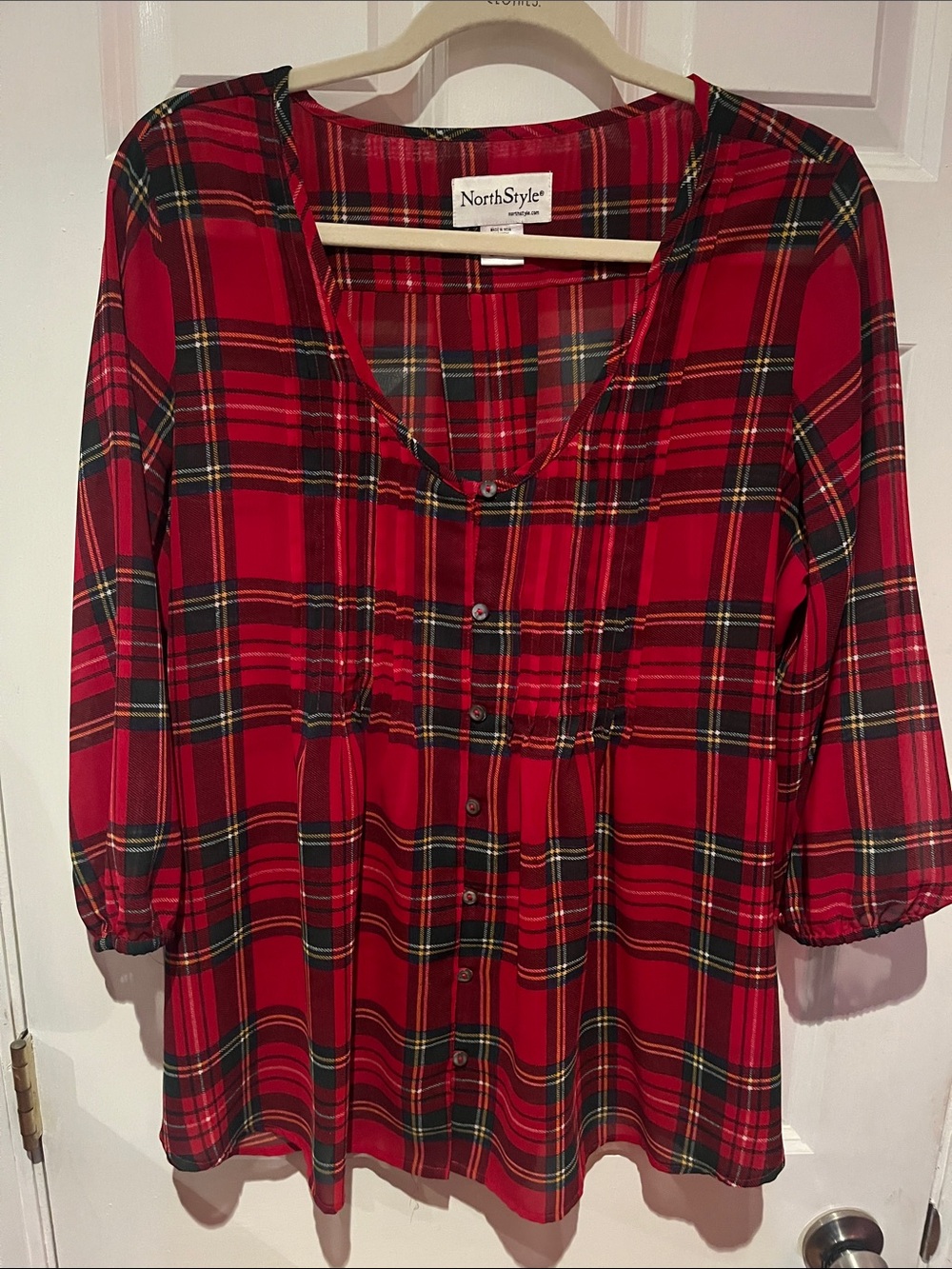 NorthStyle Red Plaid Button-Down Tunic Blouse